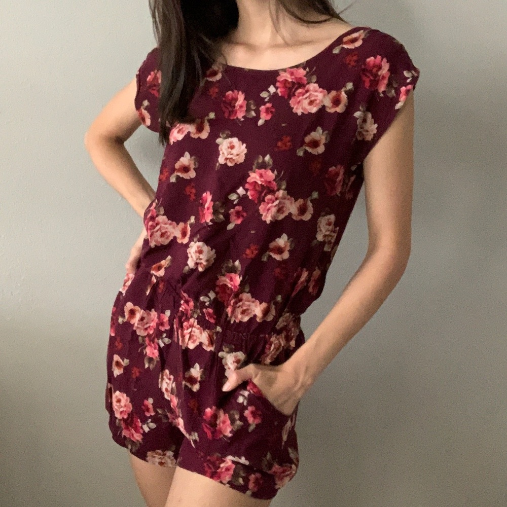 Burgundy Pink Floral Romper with Pockets